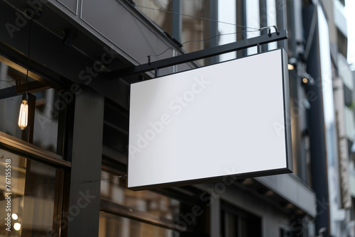 Blank store signboard hanging on a modern building facade