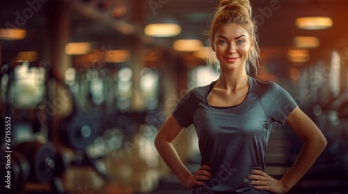 Young fitness coach woman standing in modern sport club interior. Active sport life getting fit heal © JovialFox