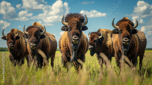A serene group of bison grazing in the lush grass of a sunny, open field, depicting wildlife.