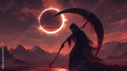 Grim Reaper Holding Scythe Against Ominous Celestial Eclipse in Dramatic Digital Art Landscape