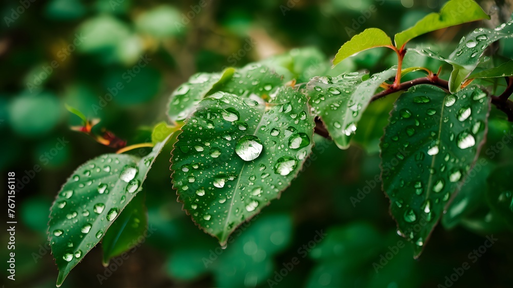 Crystal background with light sparkle, rain droplets on leafy bush Crystal background with light sparkle, rain droplets on leafy bush