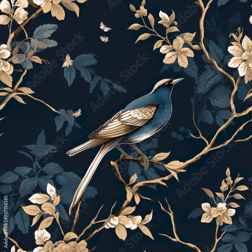 an antique print of a bird on a tree branch, seamless pattern, dark navy floral patterns, dark turquoise and light silver, luxurious fabrics generative ai