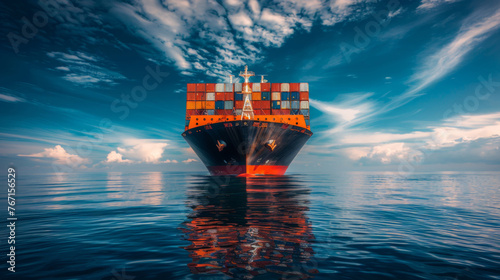 A large cargo ship filled with containers crosses tranquil blue waters under a dynamic sky, signifying global trade.