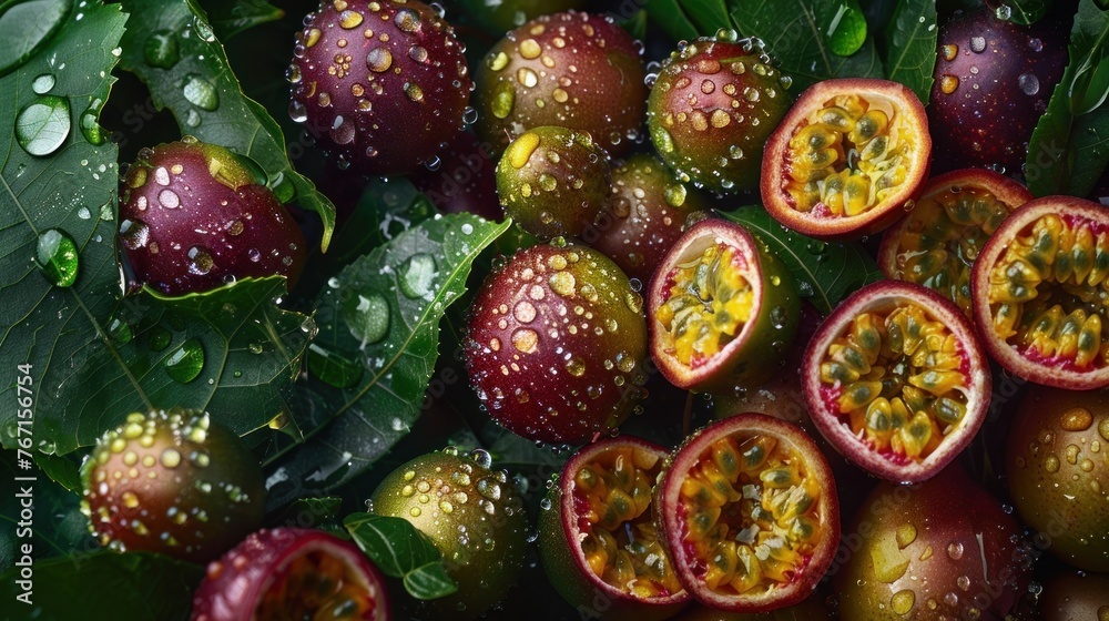 Fresh Exotic Passion Fruits with Water Drops