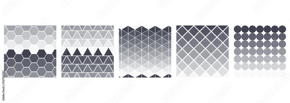 Set of halftone seamless pattern vector illustration. Hexagon, triangle, rhombus, circle pattern on isolated background. Geometric figure gradient sign concept.
