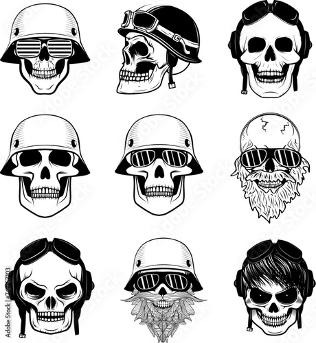 Set of skulls in motorcycle helmets. Design elements for logo, label, emblem, sign, badge. Vector illustrations.
