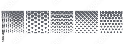 Set of halftone seamless pattern vector illustration. Hexagon, triangle, rhombus, circle pattern on isolated background. Geometric figure decrease sign concept.