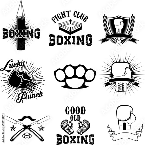 Set of the boxing club labels, emblems and design elements.  Design elements for logo, label, emblem,  insignia, sign, identity, logotype, poster. Boxing club