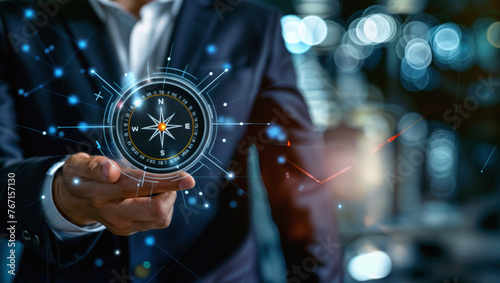 Leading the way. Businessman holding a compass pointing towards success in digital management, global marketing strategies, and future business navigation