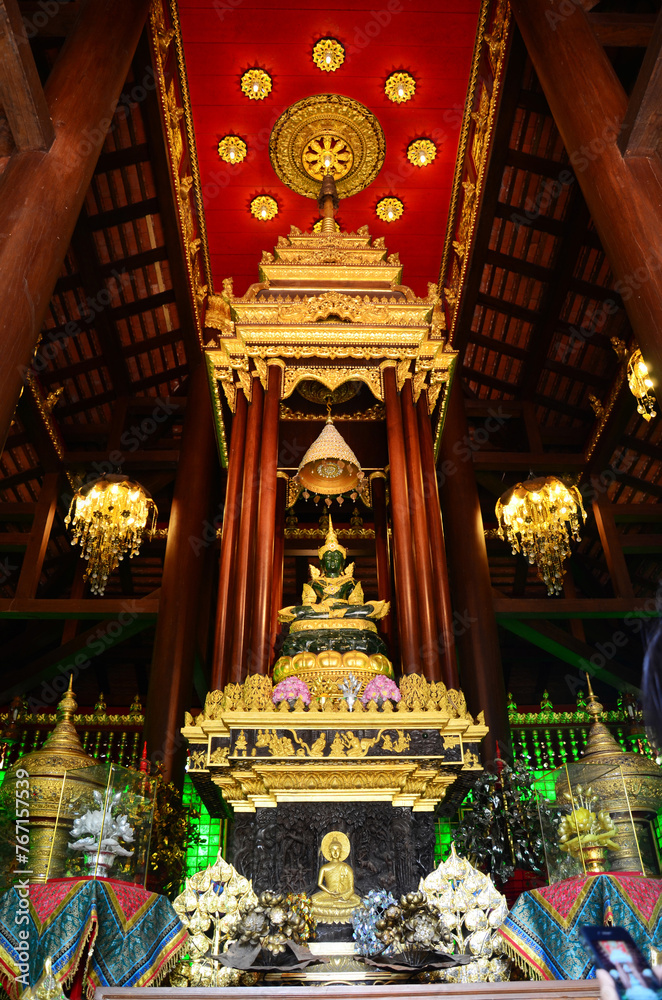 Ancient Emerald Buddha statue or Phra Kaeo Morakot for thai people travelers travel visit respect praying blessing wish holy mystery of Wat Phra Kaew or Pa Ya or Pa Yea temple in Chiang Rai, Thailand