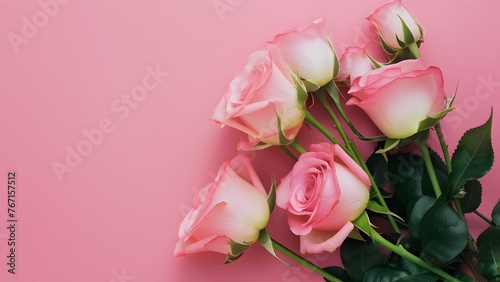 Delicate pink background with blooming roses in close up view