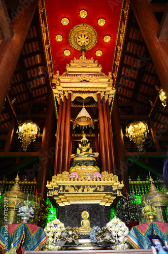 Ancient Emerald Buddha statue or Phra Kaeo Morakot for thai people travelers travel visit respect praying blessing wish holy mystery of Wat Phra Kaew or Pa Ya or Pa Yea temple in Chiang Rai, Thailand © tuayai