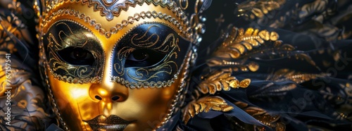 World theater day. artistic closeup of a carnival mask featuring intricate patterns and a fictional character inspired by mythology. The mask on black background, symbolizing mystique and intrigue