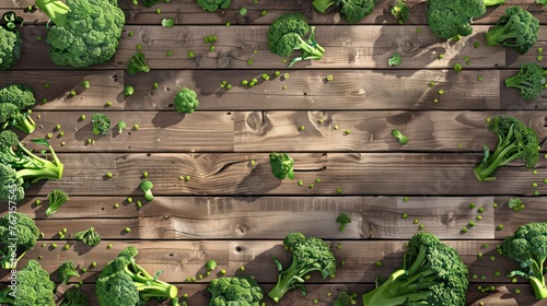 An image of scattered fresh green broccoli florets on a rustic wooden table conveying concepts of healthy eating and organic farming photo