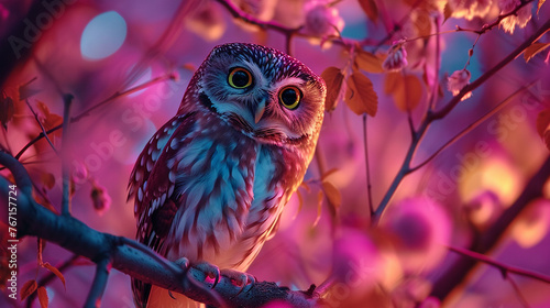 Neon color Wide-Eyed Saw Whet Owl perched in a tree AI Generated art photo