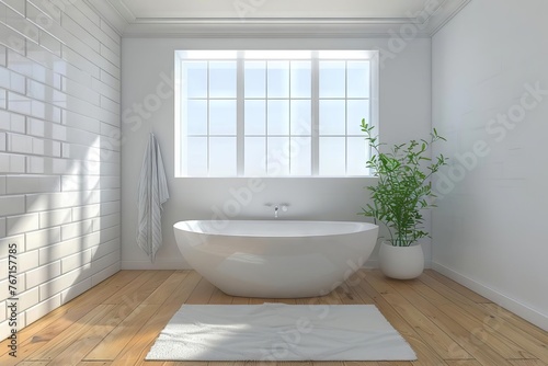 Spacious white walled bathroom with wooden floor  white bathtub rug  interior design illustration