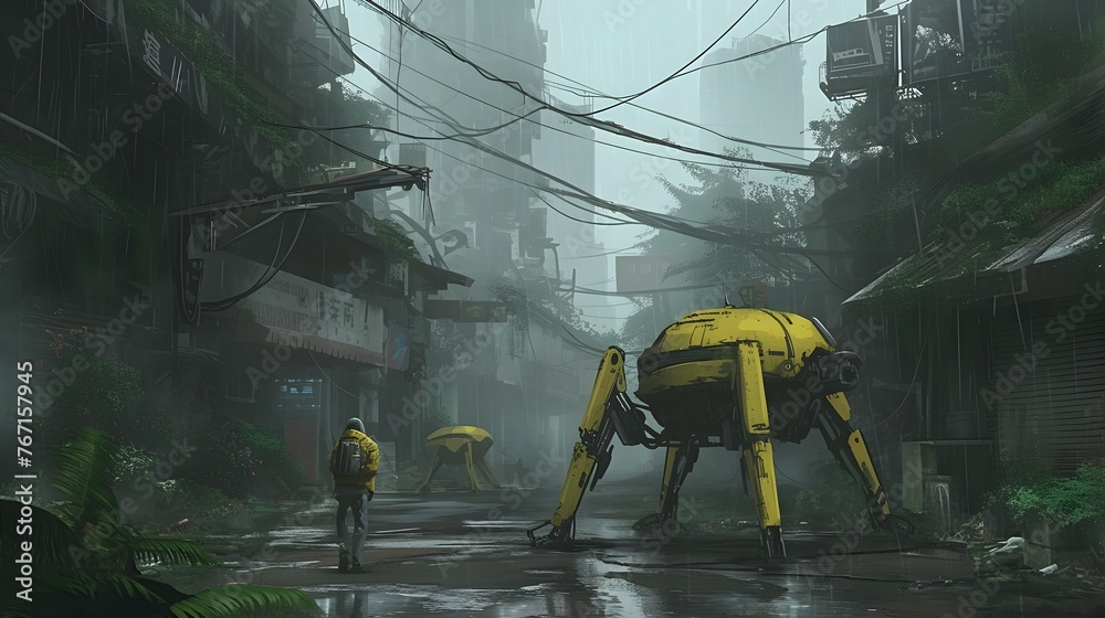 Two Autonomous Robots Navigating an Abandoned Futuristic Metropolis on a Rainy Day