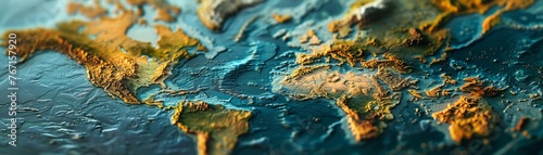 Bring to life a visually striking closeup image portraying a seamless blend of continents reuniting into a supercontinent Highlight the intricate details of mountain ranges, coastlines, and forests me photo