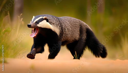 A honey badger baring its teeth and growling in a dark forest setting