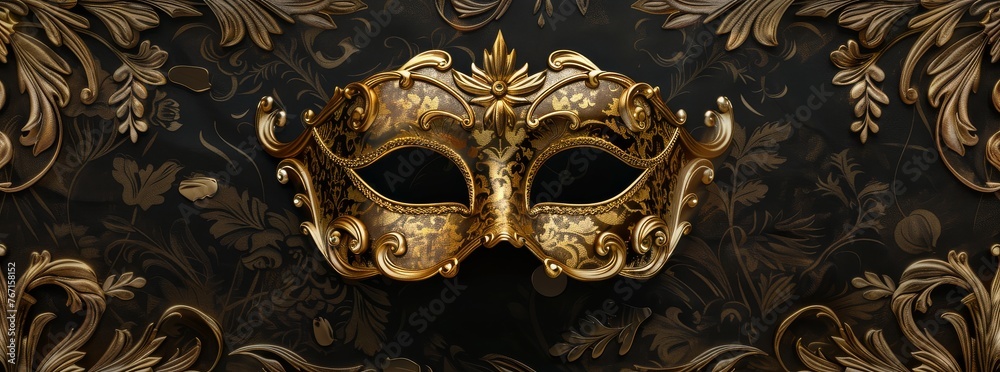 World theater day. gold mask displayed on a black background featuring a symmetrical pattern of circles. This metal mask is showcased at a public art event
