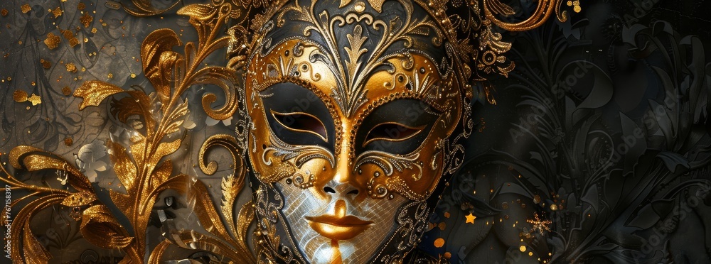 World theater day. woman is adorned with a shimmering gold and black carnival mask, embodying a blend of tradition, mythology, and visual arts in a fusion of metal and darkness