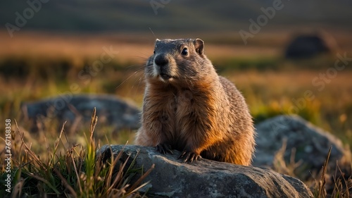 marmot in the mountains. a groundhog sitting on a rock in a field. 