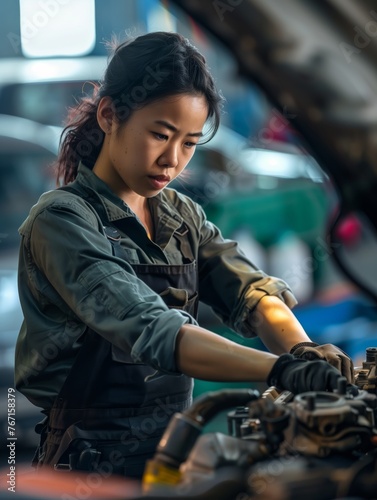 /imagine prompt: Auto Mechanic, A competent woman repairing a car engine, Auto repair garage background, woman, diversity 