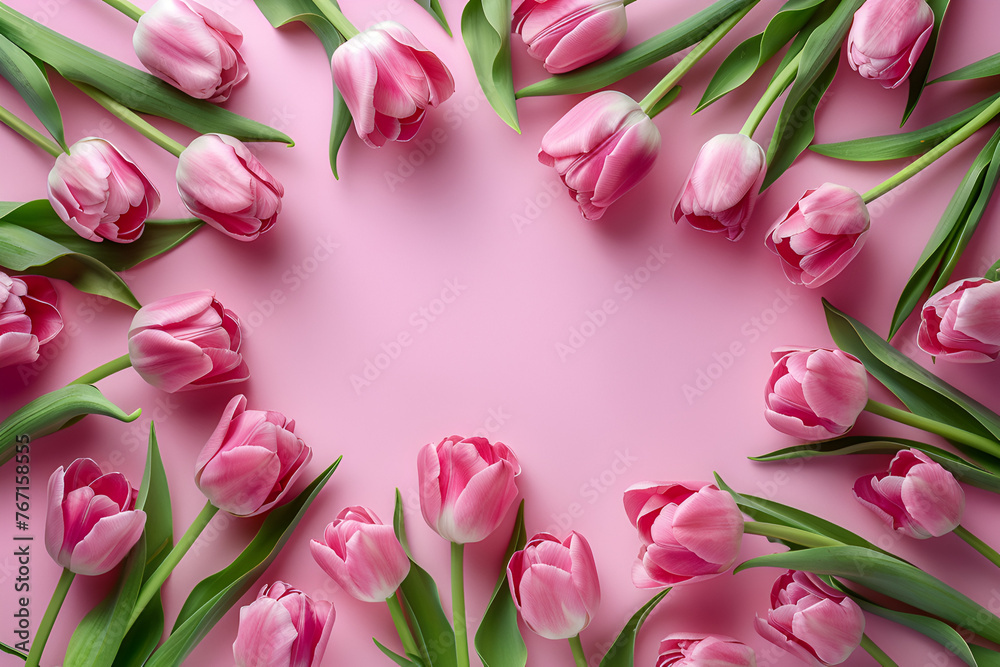 Beautiful composition spring flowers, spring flowers, Bouquet of pink tulips flowers on pastel pink background,  spring flowers,  Valentine's Day, Easter, Birthday, Women's Day, Generative Ai