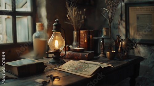 A rustic workspace is captured in the light of a window, featuring an oil lamp, aged books, and various antique items creating a historical ambiance.