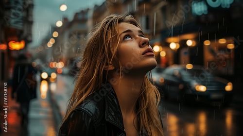 Blonde woman looking up on street in in rainy weather