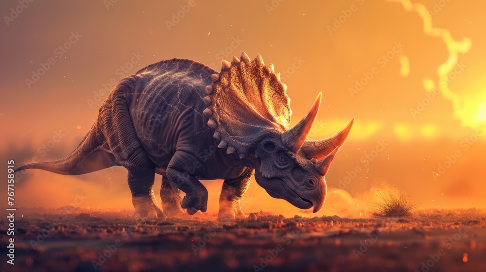 Fototapeta premium AI-generated majestic dinosaurs in a prehistoric landscape. Triceratops. The concept of time when dinosaurs ruled the Earth.