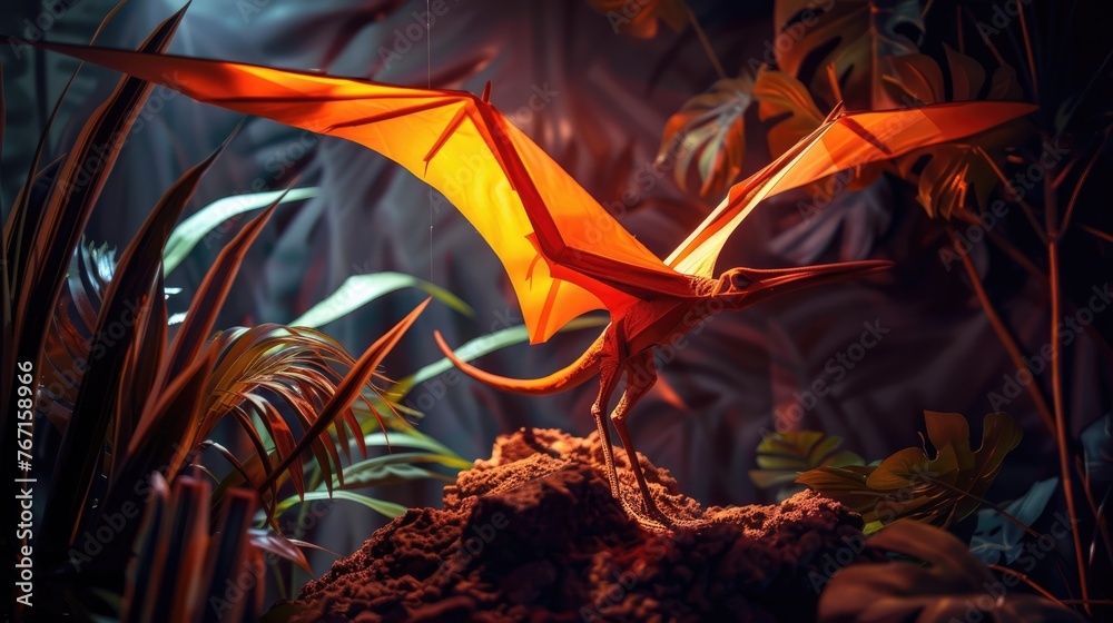 AI-generated majestic dinosaurs in a prehistoric landscape. Pterodactyl. Vivid colors and details bring these ancient creatures to life. - obrazy, fototapety, plakaty 