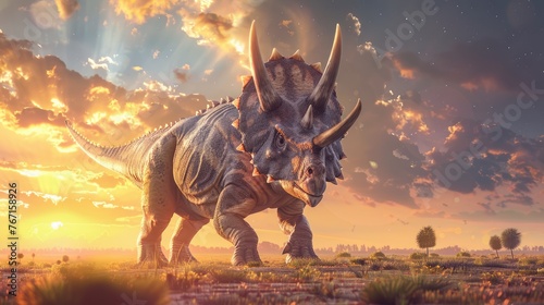 AI-generated majestic dinosaurs in a prehistoric landscape. Triceratops. The concept of time when dinosaurs ruled the Earth.