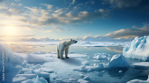 A serene scene of a lone polar bear traversing the icy expanse of the Arctic landscape. © Ansar
