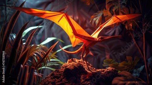 AI-generated majestic dinosaurs in a prehistoric landscape. Pterodactyl. Vivid colors and details bring these ancient creatures to life.