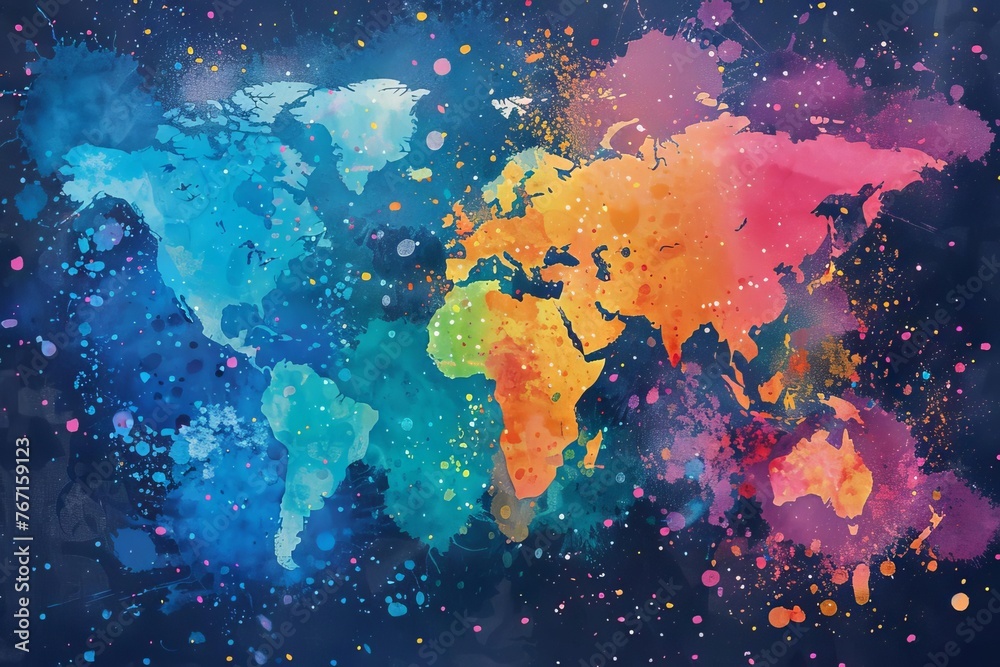 Watercolor world map with colorful splatters, global diversity and unity concept, artistic background - obrazy, fototapety, plakaty 