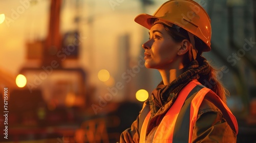 /imagine prompt: Construction worker, A skilled woman operating heavy machinery, Urban construction site background 