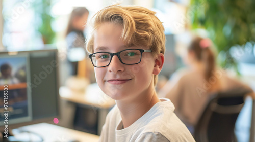 Menino jovem aprendiz no escritório  photo