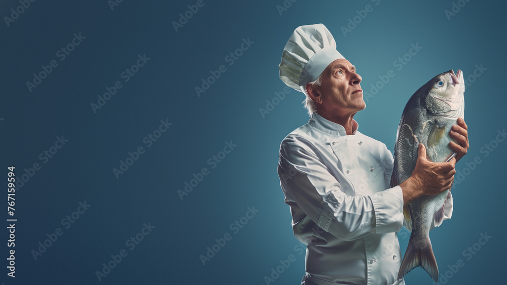 A professional chef in white uniform holds a fresh, large fish, showcasing his catch with a sense of achievement and pride against a cool toned backdrop - obrazy, fototapety, plakaty 