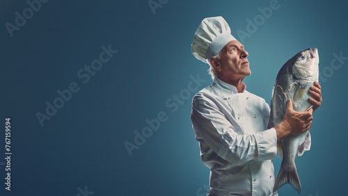 A professional chef in white uniform holds a fresh, large fish, showcasing his catch with a sense of achievement and pride against a cool toned backdrop