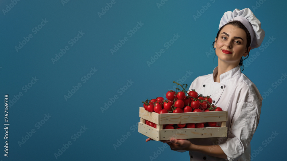 A smiling female chef showcasing an array of ripe tomatoes in a wooden crate on a blue background A smiling female chef showcasing an array of ripe tomatoes in a wooden crate on a blue background