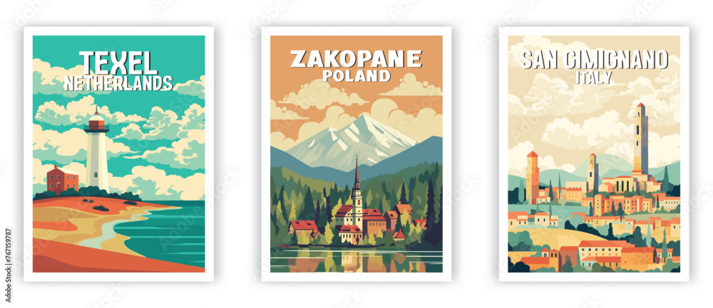 Texel, Zakopane, San Gimignano Illustration Art. Travel Poster Wall Art. Minimalist Vector art