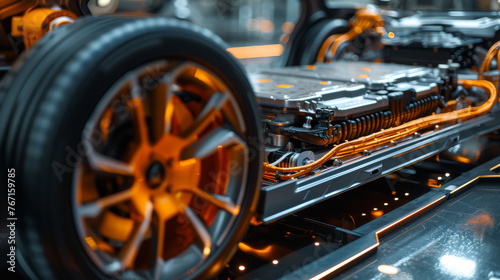 A new electric car being manufactured in the factory