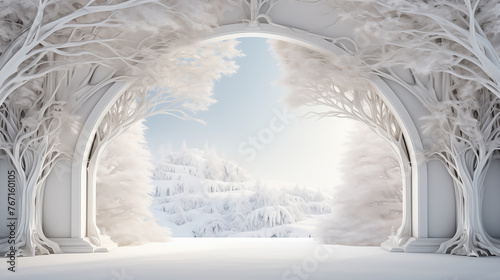 white arch with a window, in a fantasy background, winter landscape, fantasy forest, trees, arch wall design