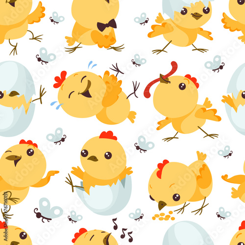 Cute chicken seamless pattern. Cartoon bird character. Funny Easter mascot. Repeated print. Yellow baby nestling. Domestic animal. Birdie eating worm or grains. Splendid vector background © VectorBum