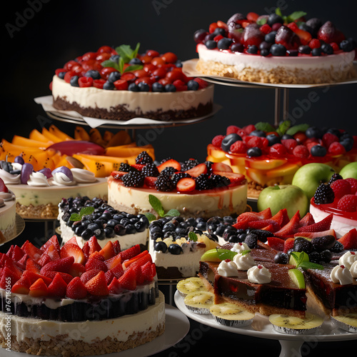 A table filled with a variety of cakes adorned with fresh fruit toppings like strawberries. The cakes are beautifully decorated and are sure to be a hit at any event