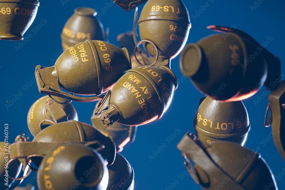 Vintage Grenades in Mid-Air Levitation Against a Striking Blue Sky