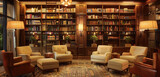 A boutique hotel lobby with cozy armchairs, bookshelves filled with literature, and soft lighting, inviting guests to relax and enjoy a quiet moment amidst their travels