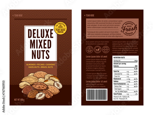 Vector deluxe mixed nut packaging design template. Almond, hazelnut, pecan, cashew, brazil nut illustration