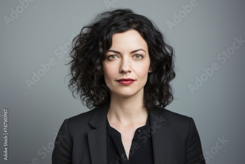 Portrait of a beautiful business woman in black suit on grey background
